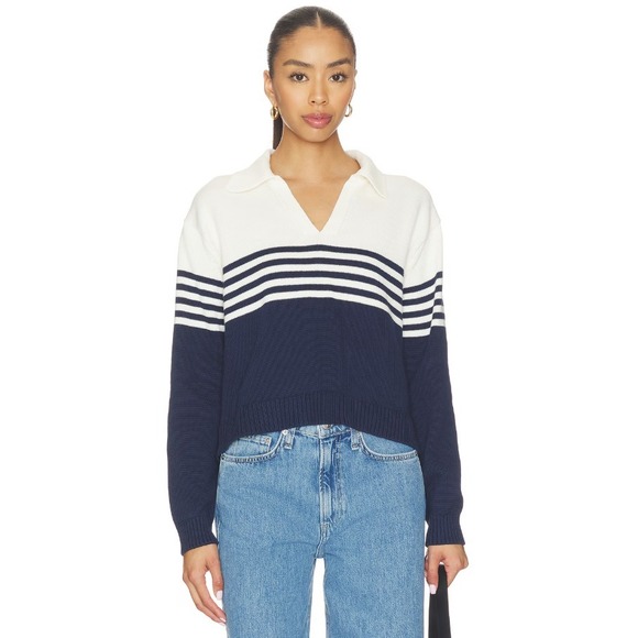 Simkhai Tops - Simkhai Jules Knit Polo Shirt Long Sleeve Organic Cotton Midnight Stripe Small